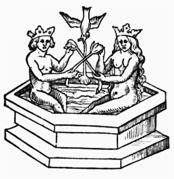 Woodcut of a naked King and Queen sitting opposite each other inside a water-filled hexagonal stone basin.