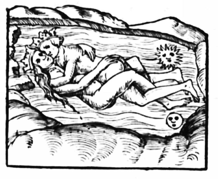 Woodcut of a naked King and Queen embracing horizontally while completely submerged beneath water.