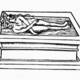 Rosarium Philosophorum. A dead, two-headed winged body lying flat inside a rectangular stone tomb.