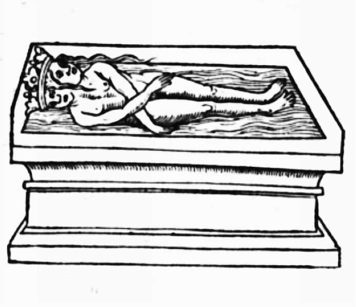 Woodcut of a dead, two-headed winged body lying flat inside a rectangular stone tomb.