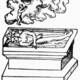 Rosarium Philosophorum. A small, naked human soul flying upward into celestial clouds from the mouth of a dead, two-headed hermaphrodite lying in a stone tomb.