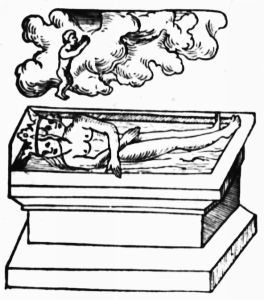 A small, naked human soul flying upward into celestial clouds from the mouth of a dead, two-headed hermaphrodite lying in a stone tomb.