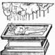 Rosarium Philosophorum. A steady rain of celestial dew droplets falling from dark clouds onto a dead, two-headed hermaphrodite resting inside a rectangular stone tomb.