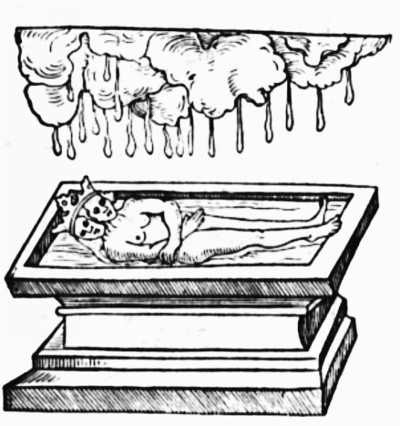 A steady rain of celestial dew droplets falling from dark clouds onto a dead, two-headed hermaphrodite resting inside a rectangular stone tomb.