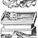 Rosarium Philosophorum. A small, naked human soul diving downward from the clouds back toward a dead, two-headed hermaphrodite in a tomb, with a black bird walking at the base.