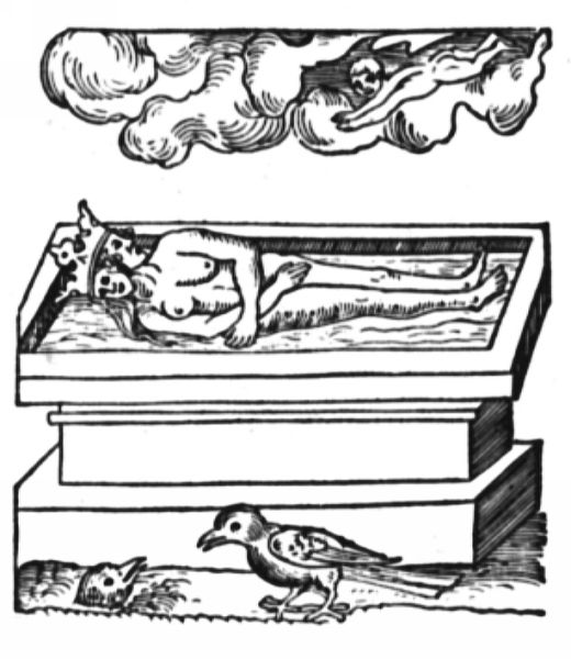 A small, naked human soul diving downward from the clouds back toward a dead, two-headed hermaphrodite in a tomb, with a black bird walking at the base.
