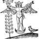 Rosarium Philosophorum. A resurrected, two-headed hermaphrodite with angelic wings, standing triumphantly on a crescent moon while holding a chalice with three snakes and a single coiled serpent, next to a lunar tree.