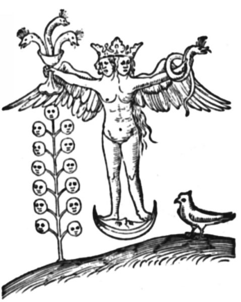 A resurrected, two-headed hermaphrodite with angelic wings, standing triumphantly on a crescent moon while holding a chalice with three snakes and a single coiled serpent, next to a lunar tree.