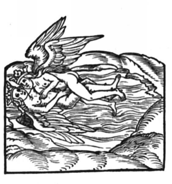 Alchemical woodcut of a winged, two-headed hermaphrodite resting horizontally on a rolling landscape.
