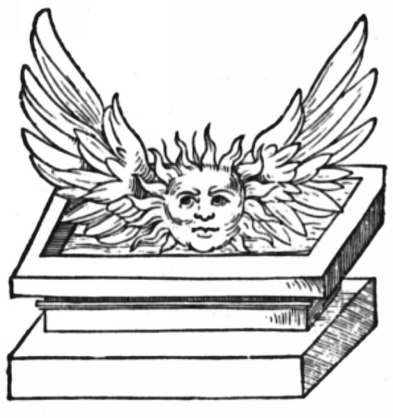 A glorious, anthropomorphic sun with large feathered wings rising triumphantly directly out of a rectangular stone tomb.