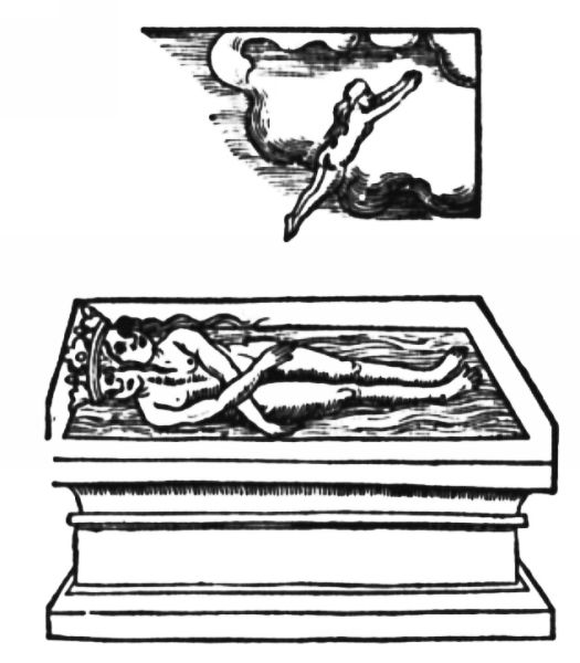 A small human soul ascending into the clouds a second time from the mouth of a winged, two-headed hermaphrodite lying inside a stone tomb.