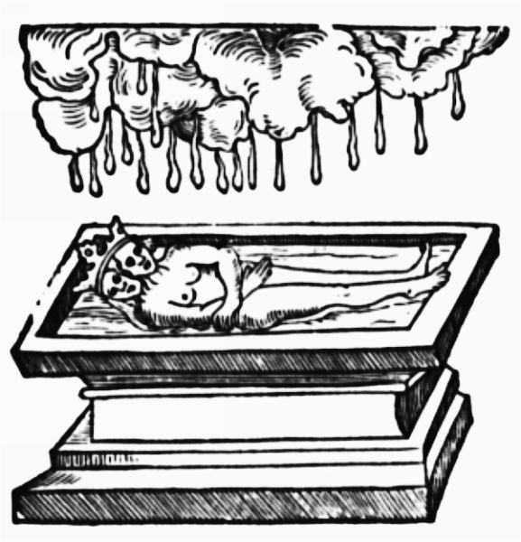 Heavy clouds pouring a second downpour of nutritional celestial rain onto a winged, two-headed hermaphrodite inside a rectangular stone tomb.