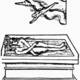 Rosarium Philosophorum. A small human soul making its final descent from the clouds into the mouth of a purified, winged, two-headed hermaphrodite resting in a stone tomb.