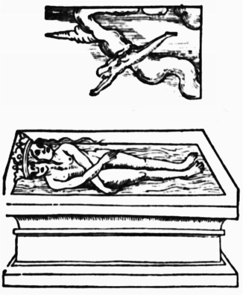 A small human soul making its final descent from the clouds into the mouth of a purified, winged, two-headed hermaphrodite resting in a stone tomb.