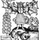 Rosarium Philosophorum. A fully clothed, two-headed hermaphrodite with textured bat-like wings standing on a three-headed dragon, flanked by a solar tree and a pelican feeding its young.