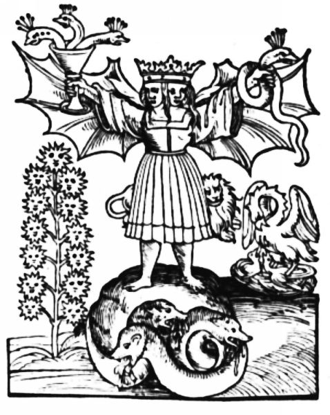 A fully clothed, two-headed hermaphrodite with textured bat-like wings standing on a three-headed dragon, flanked by a solar tree and a pelican feeding its young.