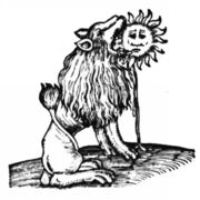 A stylised green lion consuming a smiling sun, depicting a traditional alchemical process of purification and solvent action.