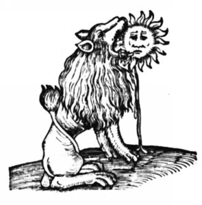 A stylised green lion consuming a smiling sun, depicting a traditional alchemical process of purification and solvent action.