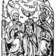Rosarium Philosophorum. The Coronation of the Virgin Mary, showing Mary being crowned by God the Father and Jesus Christ on thrones while the Holy Spirit dove hovers above.