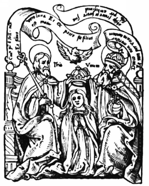 The Coronation of the Virgin Mary, showing Mary being crowned by God the Father and Jesus Christ on thrones while the Holy Spirit dove hovers above.