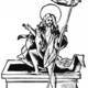 Rosarium Philosophorum. A triumphant Jesus Christ stepping out of a stone sarcophagus, holding a flag banner marked with a cross to symbolise the resurrection and completed stone.