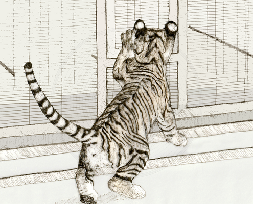 Fig. 1.0.02: The Breakout of the Essence (2012). Sketch of a tiger cub from behind, climbing a white wooden bird aviary against a plain background.