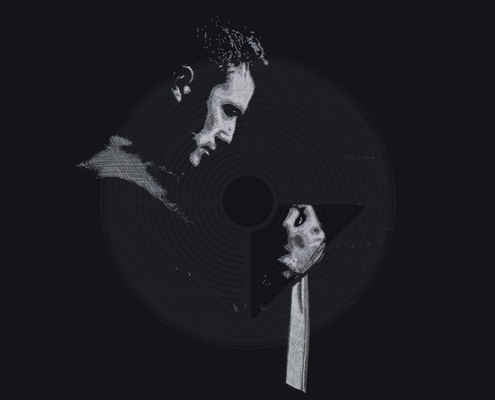 Fig. 5.5.03: The Dark Magician: The Sovereign of the Threshold (2015). A high-contrast profile of a man looking downward in deep shadow, hand holding a fabric strip against a black background.