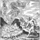 The Book of Lambspring. A large lizard-like salamander crawling calmly inside the burning logs and intense, violent flames of an open fire pit.