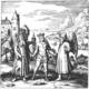 The Book of Lambspring. A flat terrestrial plain where a mature elder guide stands hand-in-hand simultaneously with a bearded father and a young son.