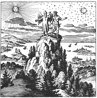 An alchemical copperplate engraving depicting a steep mountain path in India where an elder guide carries a young king's son upon his shoulders toward a high, craggy summit ridge.
