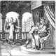 The Book of Lambspring. An indoor domestic chamber layout where a large, robed father figure stands while actively consuming his young son.