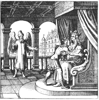An alchemical copperplate engraving depicting an indoor domestic chamber layout where a large, robed father figure stands while actively consuming his young son.
