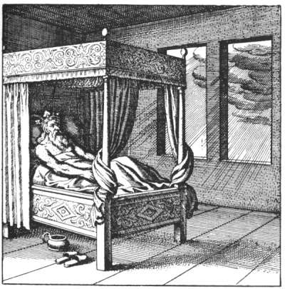 An alchemical copperplate engraving depicting a bedroom scene where a heavily sweating father figure lies sleeping in bed while celestial rain droplets fall from heavy clouds.