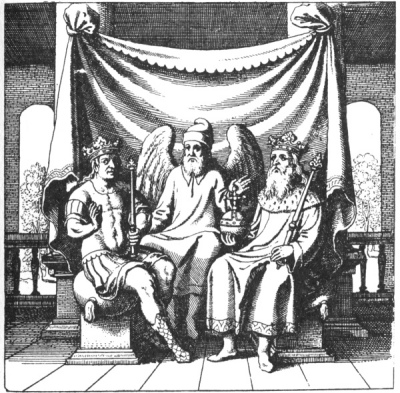 An alchemical copperplate engraving depicting a final grand throne room architecture where the Father, the Son, and the Ancient Master sit permanently unified on a single seat.