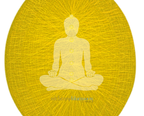A yellow oval surrounds a white meditating figure, with yellow lines showing an aura.