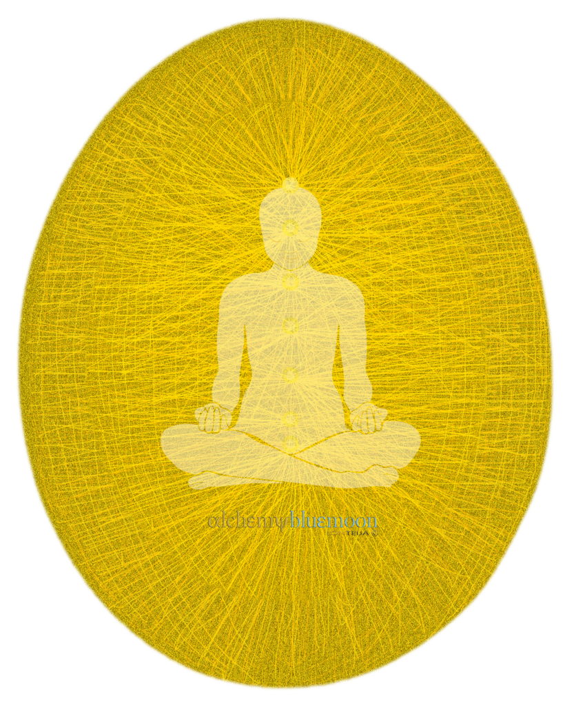 A yellow oval surrounds a white meditating figure, with yellow lines showing an aura.