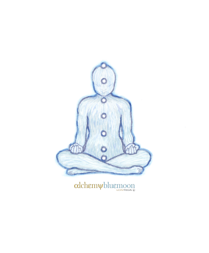 A light blue figure meditates with visible chakras.