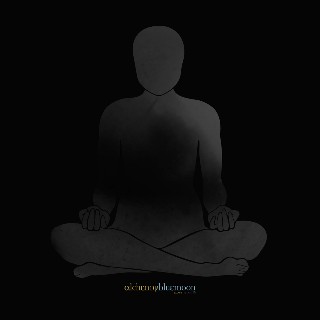 Minimalist figure meditating in lotus pose, fading into a black background.