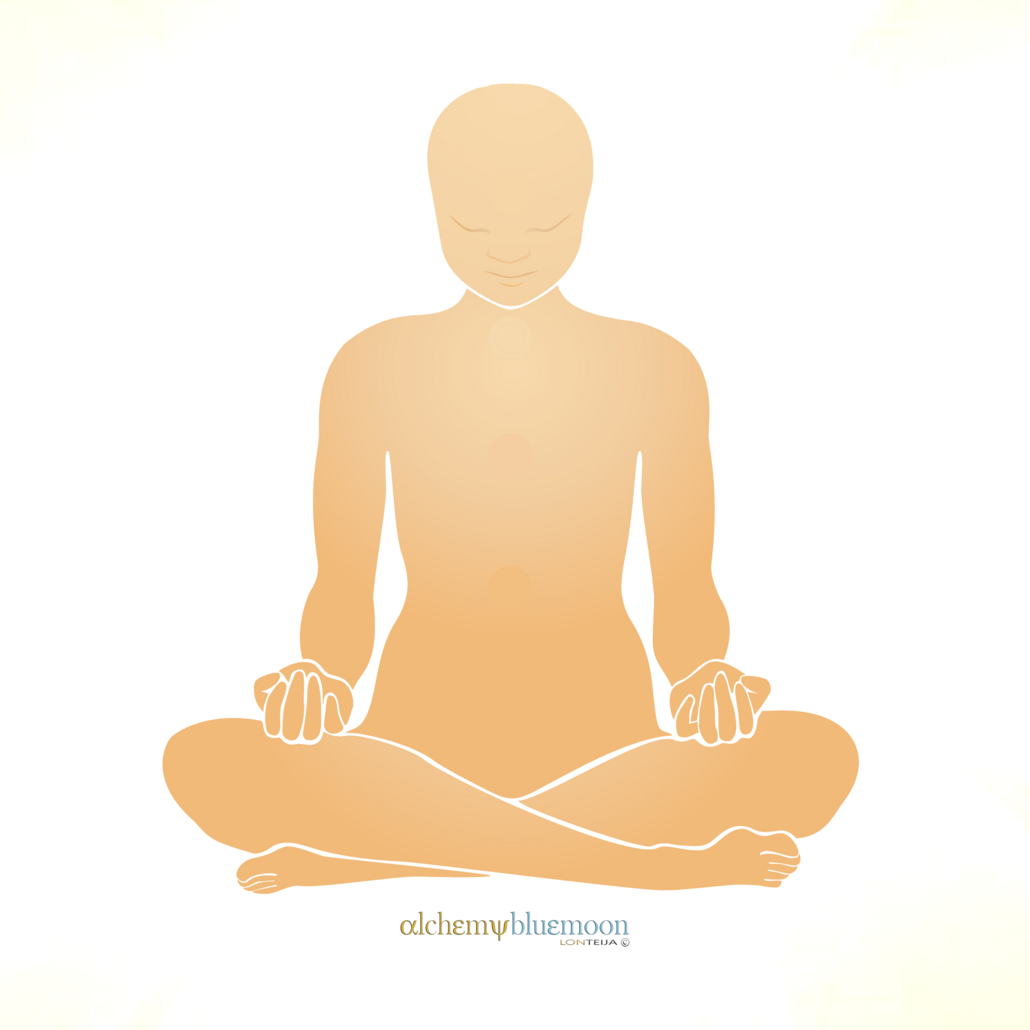 Minimalist figure meditating in lotus pose, against a plain white background.