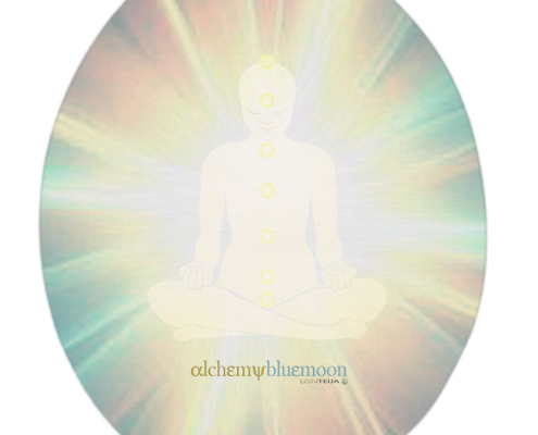 A circular graphic shows a meditating figure with glowing chakras and a pastel aura.