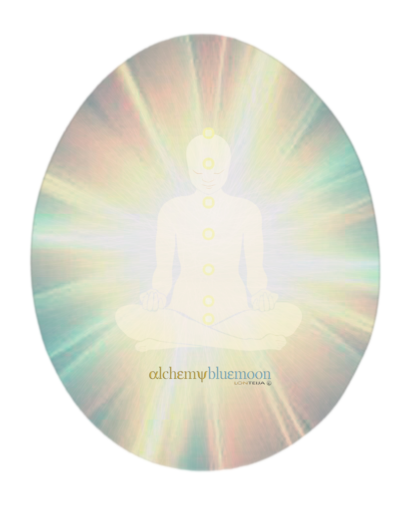 A circular graphic shows a meditating figure with glowing chakras and a pastel aura.