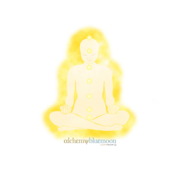 A meditating silhouette with a bright yellow aura on a white background.