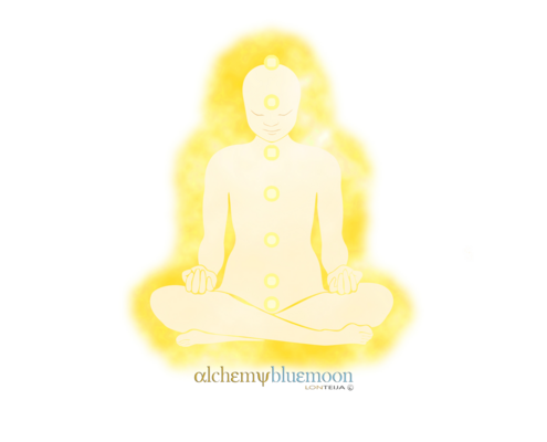 A meditating silhouette with a bright yellow aura on a white background.