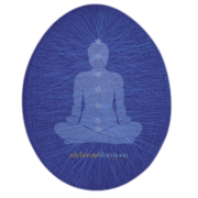 A silhouette meditates in an indigo oval with radiating lines.