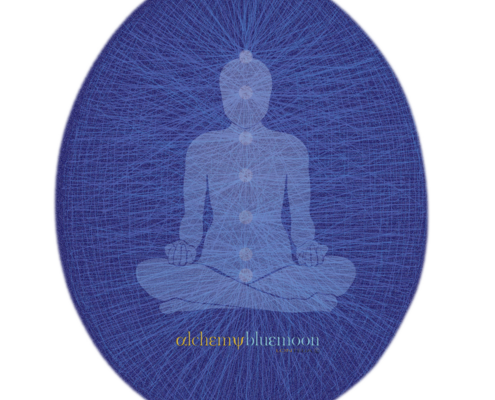 A silhouette meditates in an indigo oval with radiating lines.